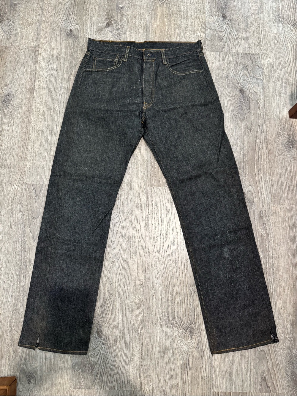 Men's Dark Raw Denim Jeans - Classic Straight Fit (Removable Stains)